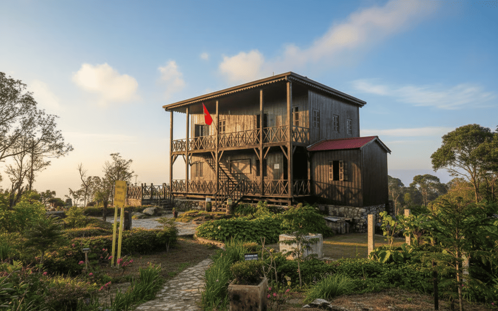 A tranquil replica of Dr. Yersin&rsquo;s retreat on Hon Ba Peak, surrounded by lush greenery and misty mountains